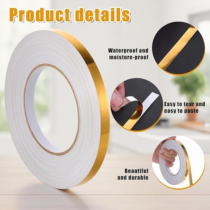 SITSRA Golden Foil Line Tape (1cm x 50m), Self-Adhesive Tile Gap Border Tape with Mirror Finish, Decorative Floor Sealing Strip, Seam Sticker & Golden Patti for Wall, Ceiling & Cabinet 1