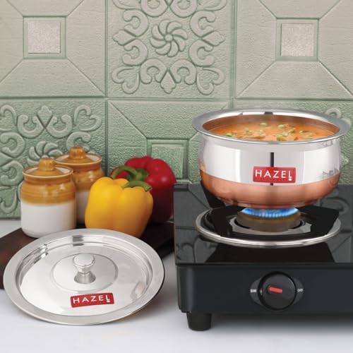 Image of HAZEL Copper Bottom Handi Small 850 ml with Lid | Stainless Steel Cookware Handi | Copper Bottom Vessels for Cooking | Steel Utensils for Kitchen | Small Steel Vessels for Cooking