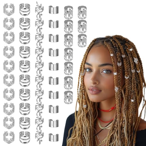 BOHUIZ 50 piezas de joyas plateadas para trenzas, accesorios para rastas de cabello, anillos ajustables para el cabello, dijes para el cabello,...