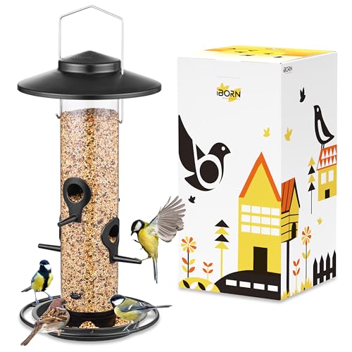 iBorn Vogelfutterspender für den AußenbereichMetall Vogelfutterhaus für Kardinalvögel 2 Pfund (ca.900g) Futterkapazität 17cm großes Dach und Futterteller 4 Futteröffnungen Schwarze