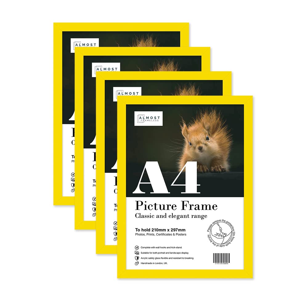 Almost Frameless A4 Yellow Picture Frame Set of 4, Display A4 Picture Gallery Wall, Poster, Photo, Artwork, or Print, Yellow