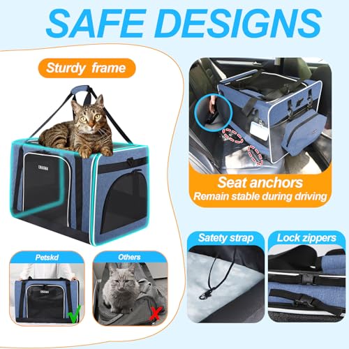 Petskd Extra Large Cat Carrier with Litter Box 24"x17"x17" for Medium Large Cat or 2 Small Cats, Collapsible Soft Sided Pet Carrier for Car Travel with Lockable Safety Zippers(Blue) - Image 4