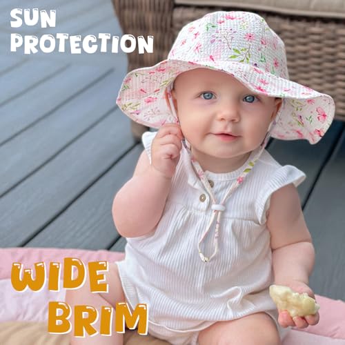 Image of HONGTEYA Baby Sun Hat Toddler Girl Beach Hat Sun Protection Adjustable Outdoor Summer Wide Brim Bucket Hat for Infant Kids