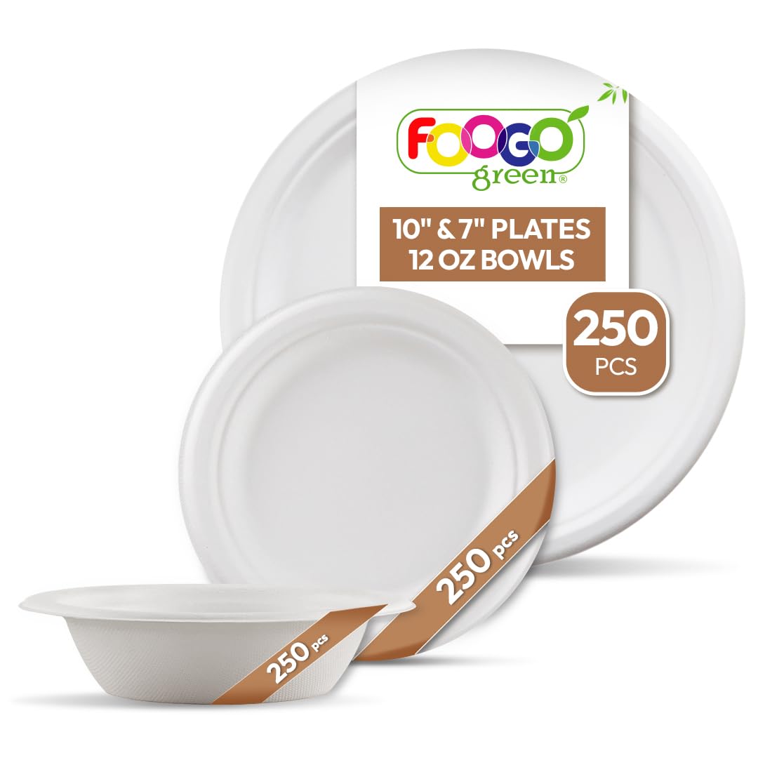 FOOGO Green 750pcs Disposable Sugarcane Fibre Strong Paper Plates and Bowls Set, 250x Large Round, 250x Small Plates, 200x Dessert Bowls, Dinner, Wedding, Party, Eco Friendly — image 1