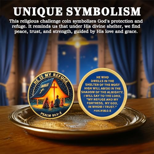 BraveBloom Psalm 91 Challenge Coin | “He is My Refuge”Prayer Medallion | Christian Bible Verse Faith Pocket Token & Religious Keepsake | Inspirational Spiritual Gift for Men and Women