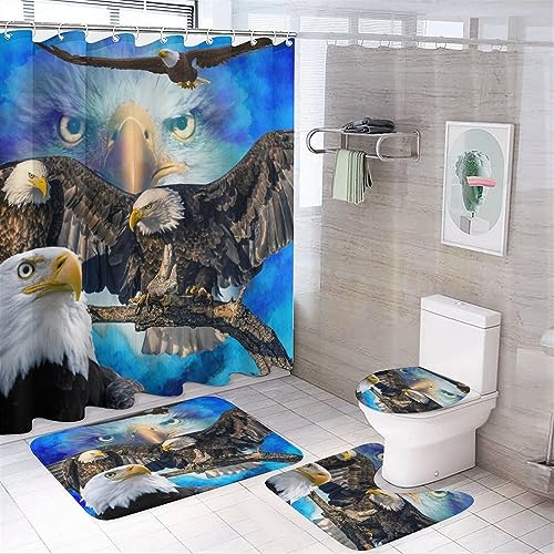 Rustic Wildlife Bald Eagle 4 Piece Shower Curtain Sets,Abstract Vintage Native American Animal Eagle Non-Slip Rugs,Toilet Lid Cover and Bath Mat,Durable and Waterproof,for Bathroom Decor Set
