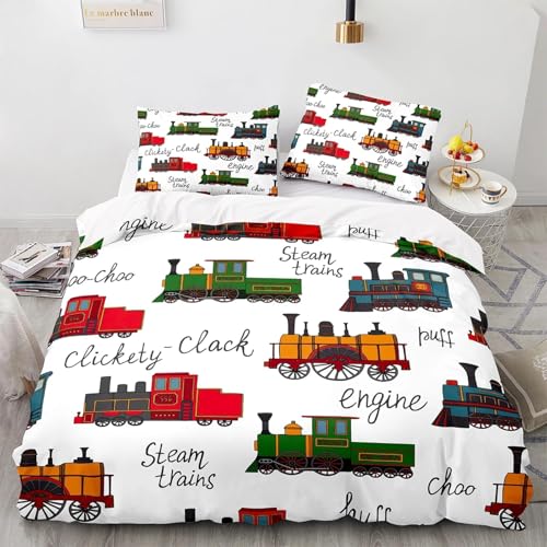 PDSYCB 90 x 190 Housse de Couette Microfibre,Trains Jaunes, Rouges et Verts Parure de lit,Ensemble...