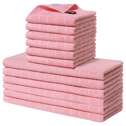 Homaxy Cotton Terry Kitchen Towels and Dishcloths Set of 12, Pink
