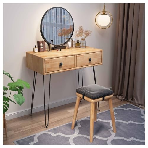 CALEBY Tocador de Madera Negro con 3 Espejos iluminados Ajustables y Taburete Acolchado para Dormitorio para Mujeres y niñas, 80 x 40 x 77 cm