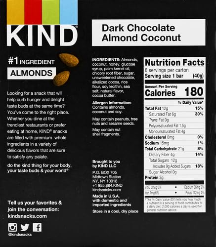 Image of KIND Dark Chocolate Almond & Coconut, 1.4 Oz (Pack Of 12)