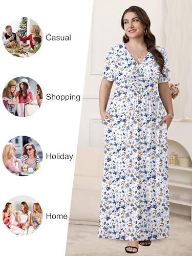 Image of PEVRL Plus Size Summer Maxi Dress for Curvy Women with Pockets 1X-5X | Short Sleeve, Twisted Front V-Neck, Summer Casual A Line Flowy Dress, Empire Waist Floral Print Beach Vacation Long Dress