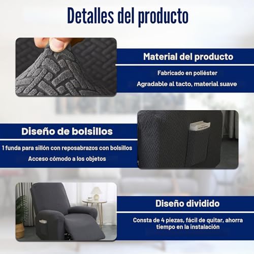 Miniatura 3 de Ganility Funda De Sillón Relax, 4 Piezas Fundas Elásticas Para Sillones De Relax Con Bolsillos, Juego Completo De Fundas Para Sillones Reclinables, Para Tumbonas Gris Oscuro