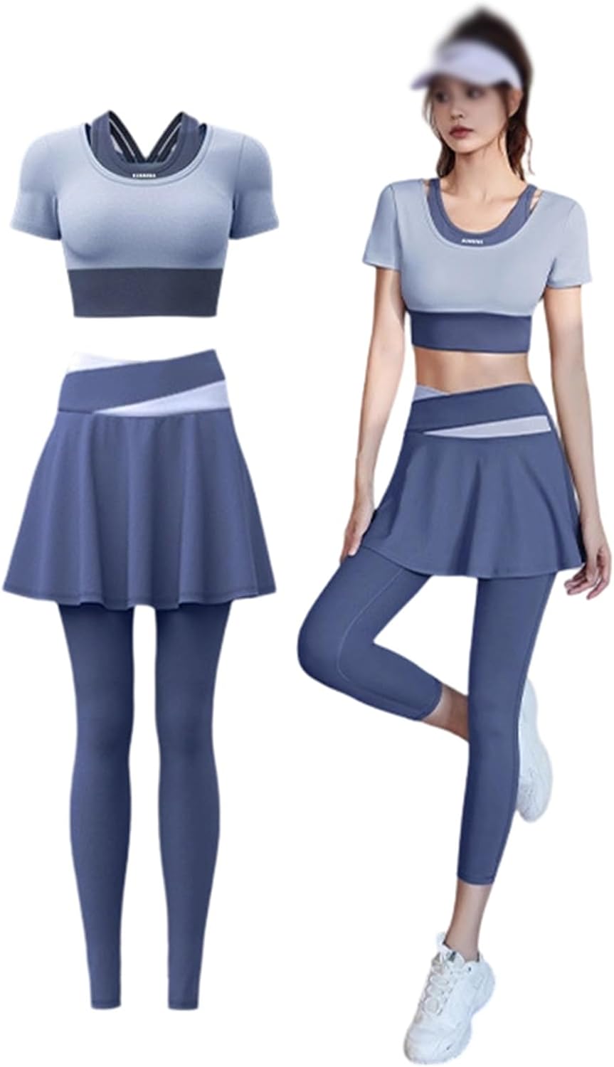 Women’s Three-piece Tennis Outfit,cropped Top, Shorts,women’s High-waisted Running, Golf and Fitness Wear(Blue,Medium)