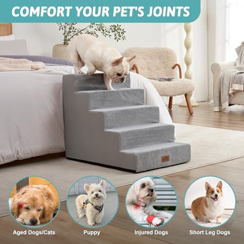 Image of COZY KISS Dog Stairs for Small Dogs, 5 Tier Wider Pet Stairs for High Beds, 23.6 inch H Non-Slip Dog Steps for Old Cats, Puppies, Small Medium Dogs, 19.7x29.5x23.6 inch, Grey