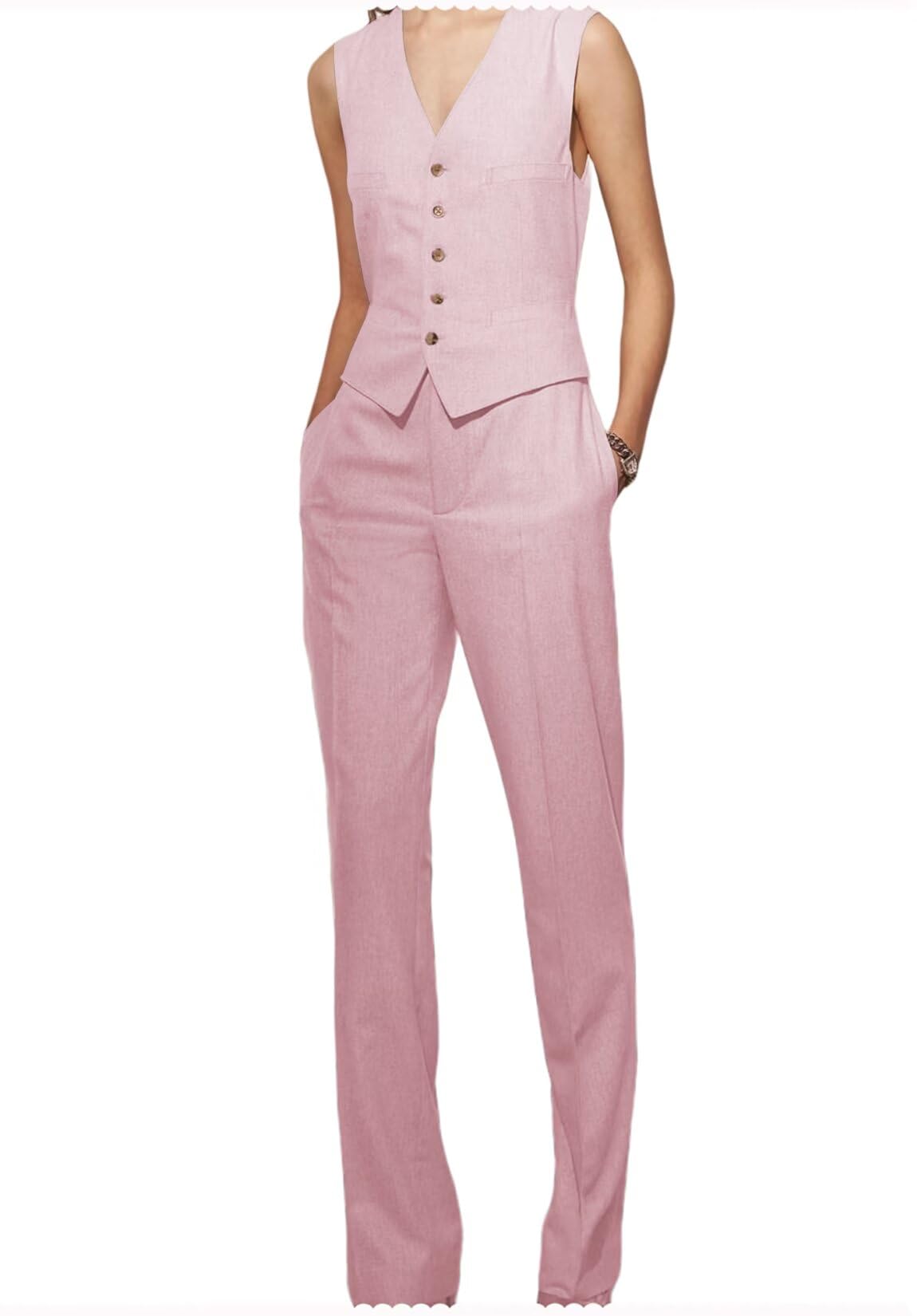Pant Suits for Women Linen Sleeveless Vest Blazer Sets 2 Piece Business Casual Outfit