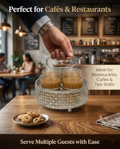 Image of Tea Glass Set with Metal Stand | Set of 4 Cutting Chai Glasses 120ml | Designer Steel Holder Tray for Tea Coffee Serving | Home Kitchen Cafe Use (Silver)