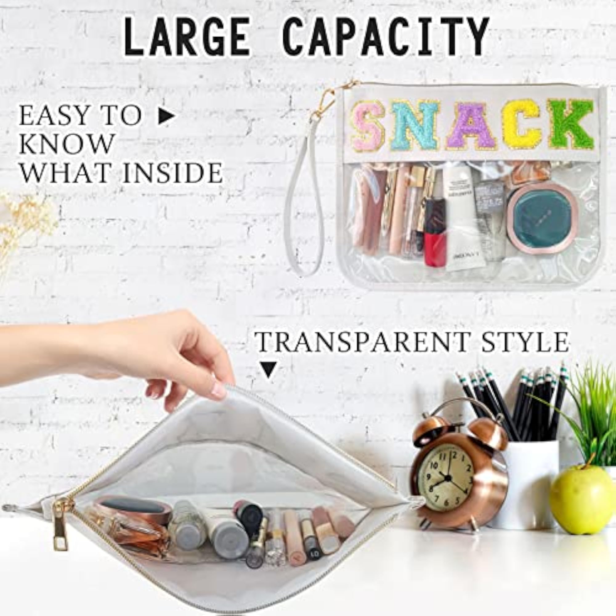 Chenille Letter Clear Zipper Flat Pouch, Travel Makeup Bag