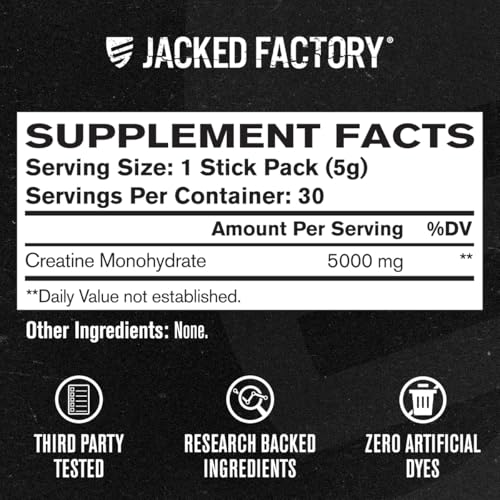 Image of Jacked Factory Creatine Monohydrate Stick Packs 150g - 5g Daily Creatine Supplement for Men and Women, Vegan-Friendly, Third-Party Tested - 30 Servings, Unflavored