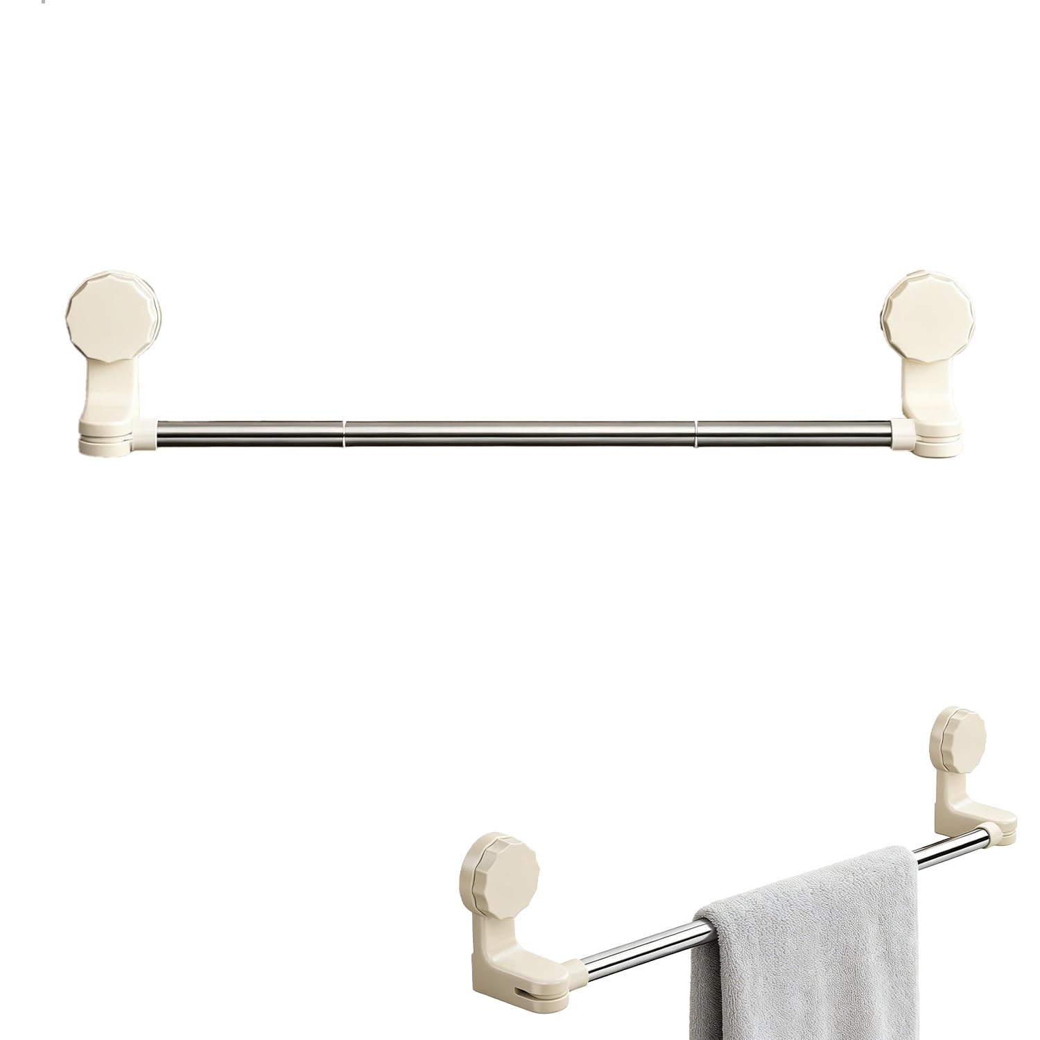 Toallero de Pared Extensible, 36-61 cm Ventosa Toallero, Soporte de Toalla y Ropa Regulable 180° sin Taladro, Ideal para Baño y Cocina （Blanco）