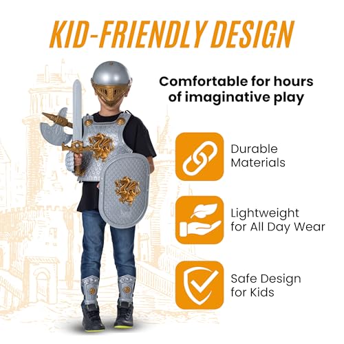 Dress Up America - Kids Knight Armor Costume Set – Medieval Role Play with Shield, Helmet, Sword & Accessories – Royal Dress-Up for Boys Ages 3–104