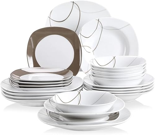 Miniatura 34 de VEWEET, Serie Fiona - Juego de vajilla de 30 piezas para 6 personas, blancos con rayas negras y grises, vajilla de porcelana de platos de postre