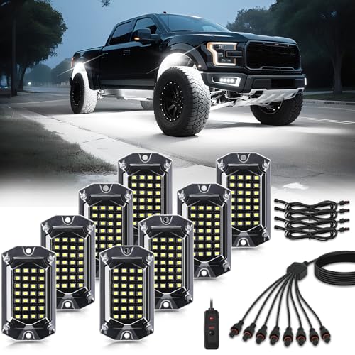 8 Pods Full Angle Pure White LED Rock Lights for Jeeps Truck Golf Cart ATV UTV RZR SUV Offroad Pickup, 6500K Super Bright Waterproof White Underglow Kit with Switch Wiring Harness Extension Wires