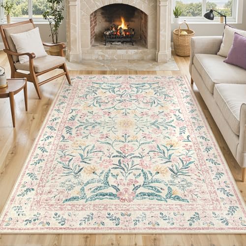 Image of Lahome Pink Washable Rugs for Bedroom Girls 6x9, Boho Floral Living Room Rugs Non-Slip, Soft Low-Pile Nursery Carpet for Dining Room Kids Room Dorm, Blush