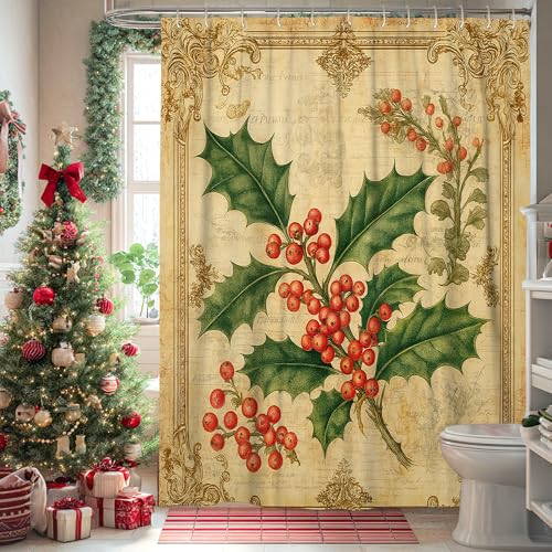 Holly Duschvorhang, traditionell, rustikal, Beeren, grüne Blätter, weihnachtliches Grün, waschbar, mit Haken, dekorativer Badezimmer-Vorhang für Badezimmer, Toilette, Gästezimmer, Dekoration, 137 x