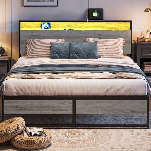 LINSY Marco de cama extragrande, cabecero ergonómico con estación de carga e iluminación LED, marco de cama king size, montaje rápido, silencioso, sin necesidad de somier de listones, gris