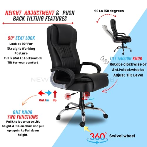 Image of NEWTURN Dragon Ergonomic Office Chair: High Back, Premium Leatherette, Pre-Assembled with Metal Stand, Revolving Boss Chair with 2-Year Warranty, Black