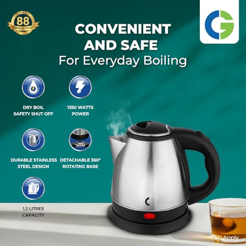 Image of CG - EKSS12 SS 1.2 Ltr Electric Kettle 1350W with Dry Boil Protection, Auto Cut Off, Cool Touch Ergonomic Handle, Double Wall Insulation, 2Yr Replacement Manufacturer Warranty - Black