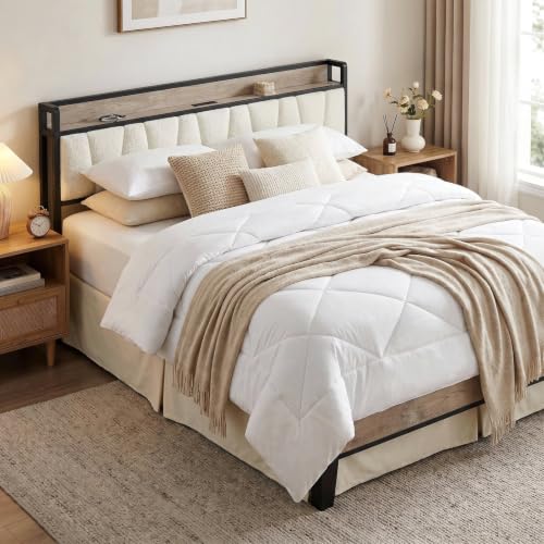 Image of LIKIMIO King Size Bed Frames, Boucle Storage Headboard with Charging Station, Solid and Stable, Noise Free, No Box Spring Needed, Easy Assembly