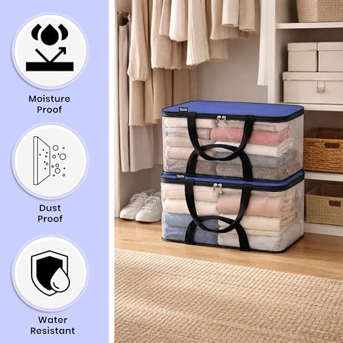 Image of Storite Nylon Wardrobe Bag Underbed Moisture Proof Cloth Storage Organizer, Storage box for Clothes Saree Bags with Zippered Closure & Handle Square - (37x34 x23 cm,Blue)