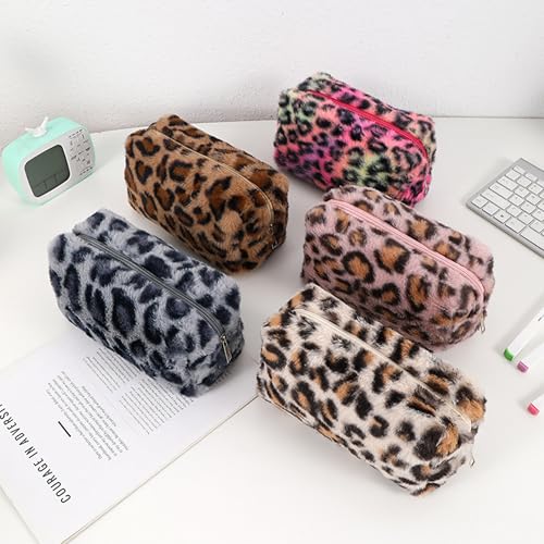 Checkered Makeup Bag Plush Cosmetic Bag Asthetic Plaid Handbags Cute Zipper Travel Toiletry Bag Soft Storage Pouch Pencil Case Bag for Women Girls (Leopard print-E)3
