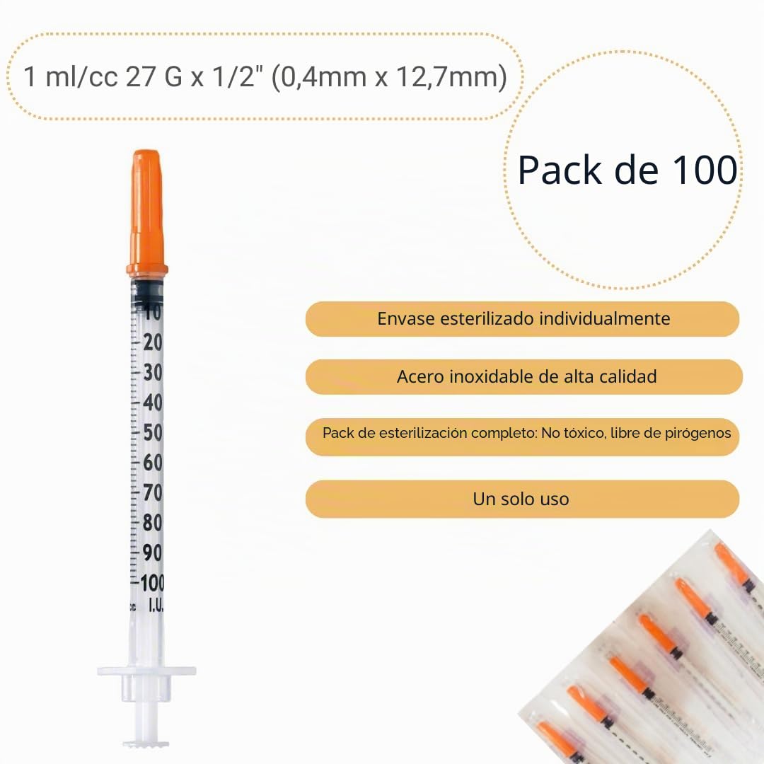 tubos de plástico de 1 ml/cc 27 G (0,4 x 12,7 mm), herramientas de medición multiusos, envasados individualmente (27G 1/2") (100 unidades)