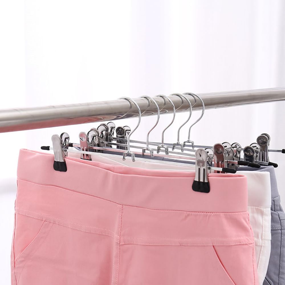Set di 10 grucce per pantaloni, in metallo, ganci a clip in metallo, ganci con clip antiscivolo, per gonna, risparmio di spazio, grande capacità di carico, finitura cromata (100)