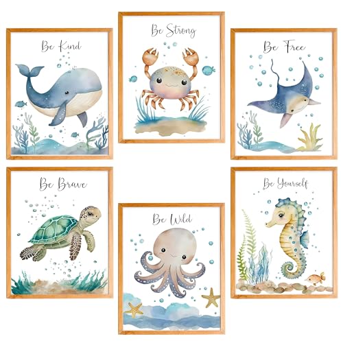 Image of Ocean Nursery Decor,Ocean Nursery Wall Art Set of 6, Under the Sea Nursery Wall Decor Poster Prints for Toddler Kids Boy Girl Room Classroom Bathroom Decor Playroom,8x10 Inches