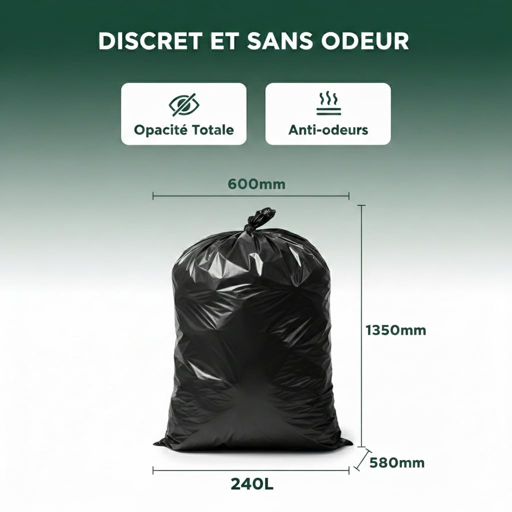BaBag | Sac Poubelle Conteneur 2 Roues 240 L x 100 | Épaisseur 30 Microns | Housse de Protection Professionnelle Noire | Étanche & Anti-Odeur | 600x1300x580 mm | Sac 100% Recyclé | Lot de 100 Sacs