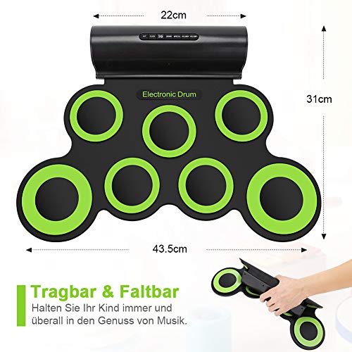 YISSVIC Elektronische Trommel 7 Pad E-Drum mit Lautsprecher Faltbar Schlagzeug für Kinder Weihnachtsgeschenk Grün - Image 5