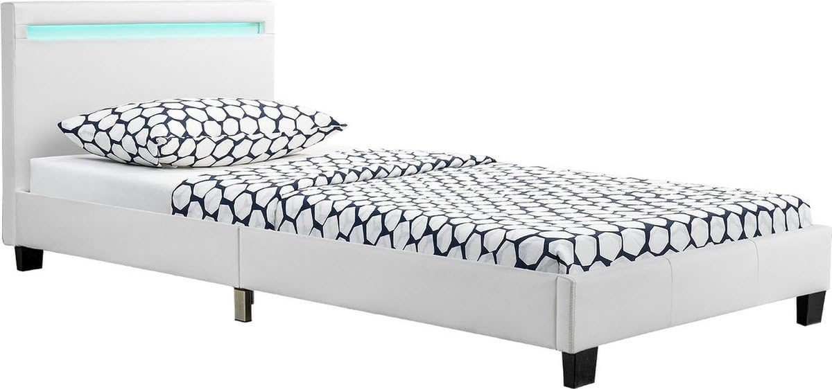 Juskys Paryż 90 x 200 cm łóżko tapicerowane ze stelażem listwowym, oświetleniem LED i zagłówkiem, obicie ze sztucznej skóry, rama łóżka dla dorosłych i młodzieży, dla 1 osoby, białe