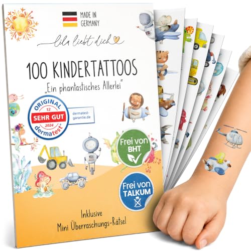 Tattoos für Kinder -Phantasia - 100 Stk., hautfreundlich (6 Bögen) | Hautfreundliche Kindertattoos: Made in Germany, dermatest getestet, BHT- & talkumfrei. Tolle temporäre Tattoos.