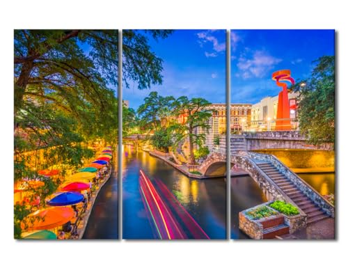 Rebotipy Wall Decorations for Living Room San Antonio Texas USA Canvas Wall Art 3 Piece San Antonio Cityscape at the River Walk Wall Art Artwork for Home Walls Framed Ready to Hang (60" Wx40 H)