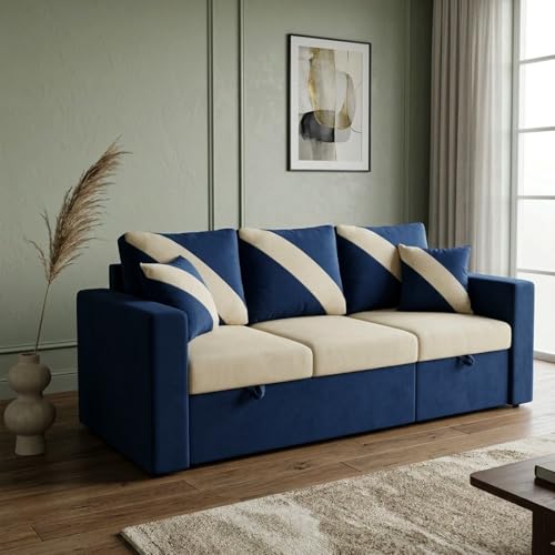 Image of FURNY Trivia 4 Seater RHS Lounger Sofa Cum Bed (Dark Blue - Cream) with Pull-Out Function | Luxury Velvet Suede Finish | Durable Comfort | Ideal for Living Room