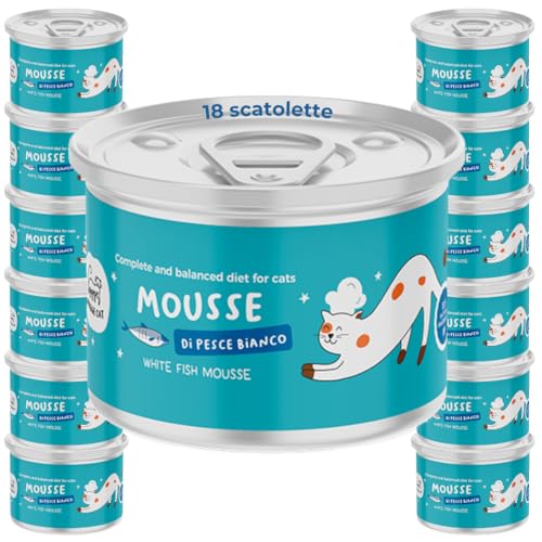 Mousse de pescado blanco | Comida húmeda para gatos adultos | Alimento completo gourmet | Sin cereales | con aceite de salmón omega 3 y vitaminas | 18 x 85 g | Made in Italy | Hygge Cat