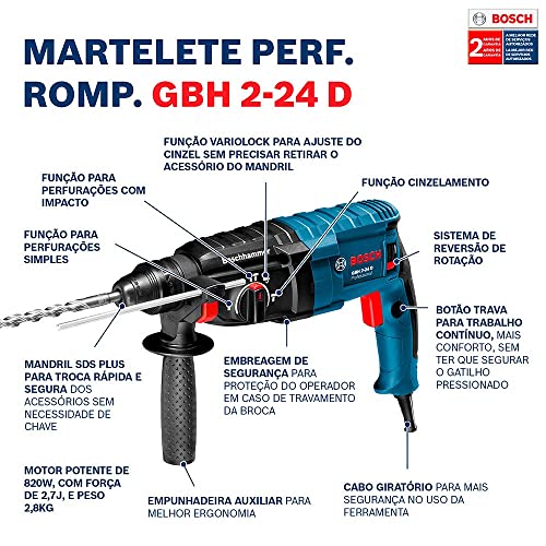 Martelete Perfurador Rompedor 820W 2,7 joules com 5 brocas Sds Plus GBH2-24D - Bosch (110V)
