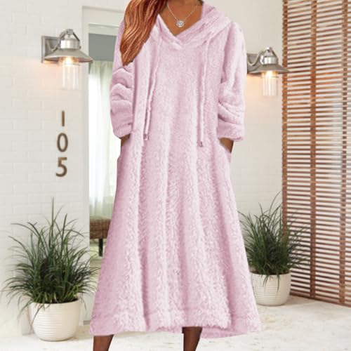 2024 Women's Fleece Fuzzy Hoodies Dress Long Dress Oversized Hooded Sweatshirts Dress Warm Winter Hoodies with Pocket2
