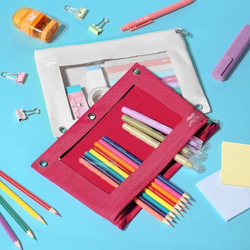 Image of Mr. Pen- Pencil Pouch for 3 Ring Binder, 2 Pack, 10 inchx6.75 inch, Smooth Zipper | Clear Window, Large Capacity Pencil Case with 3 Reinforced Grommets for School, Office, Supplies Storage | Clear Window, Large Capacity Pencil Case with 3 Reinforced Grommets for School, Office, Supplies Storage