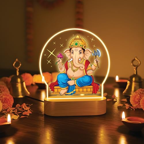 Image of Giftplease Lord Ganesha LED Night Light - Warm Yellow Glow Table Lamp - Divine Ganpati Decor for Pooja Room, Office Desk & Gifting - Elegant Silhouette Lamp GL 03