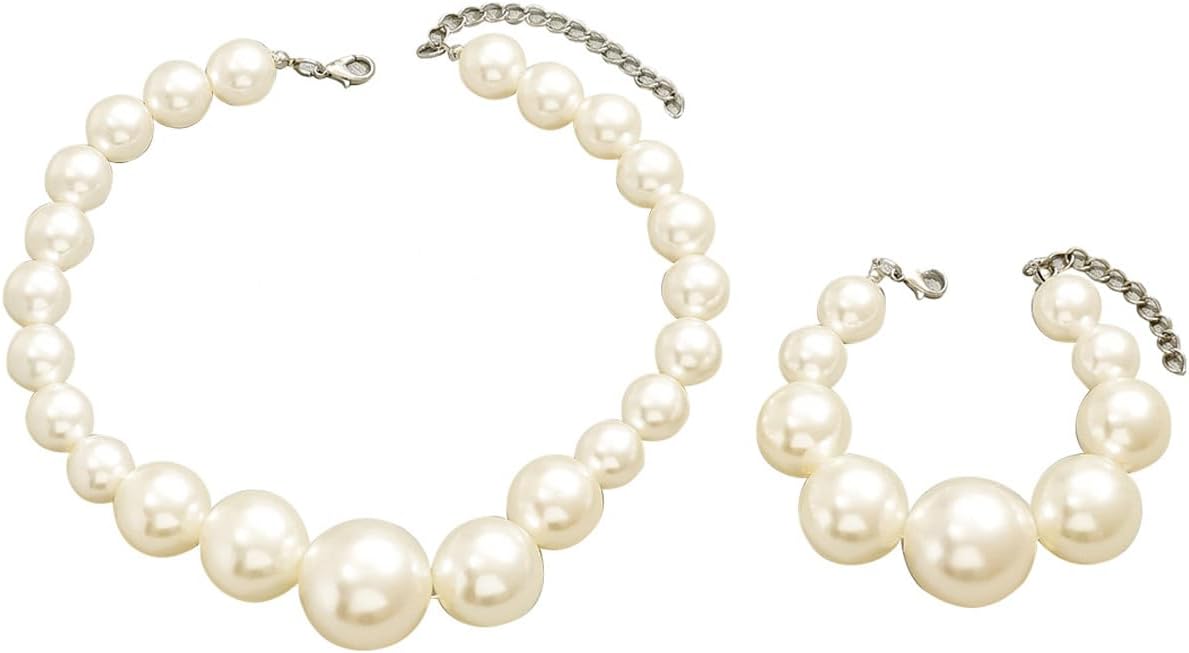 GIGB PBDK Chunky Pearl Jewelry Set for Women,White Pearl Choker Necklaces Pearls Bracelet Large Pearls Stud Earrings,Simple Formal Prom Costume Jewelry Sets - Image 7