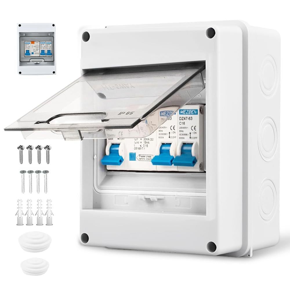 Caja Cuadro Electrico con Magnetotermico 32A, IP65 Impermeable 5 Vías Cuadro Electrico Superficie con Protección Contra Fugas, Cajas Magnetotérmicos con Interruptores Diferenciales